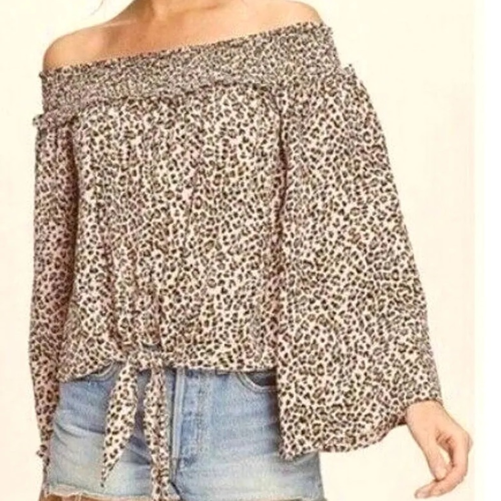 FP Movement by Free People Light Pink Leopard Off-Shoulder Tie-Hem Blouse